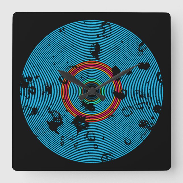 Blue Multicolor Vinyl Disc Texture Pattern Square Wall Clock (Front)