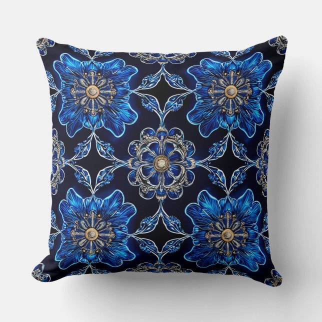Blue Multicolored Vibrant Pattern Throw Pillow (Front)