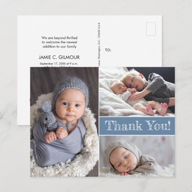  Blue Multiple photo sibling Second Baby Birth Announcement Postcard (Front/Back)