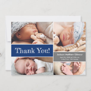 Blue Multiple Photos Baby Boy Shower Sketch  Thank You Card