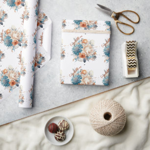 Blue Mums Pink Peonies Wedding Bouquet Wrapping Paper