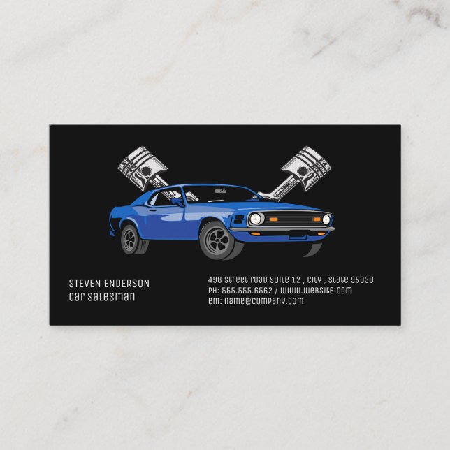 Blue Muscle Car | Pistons | Auto Business Card (Front)