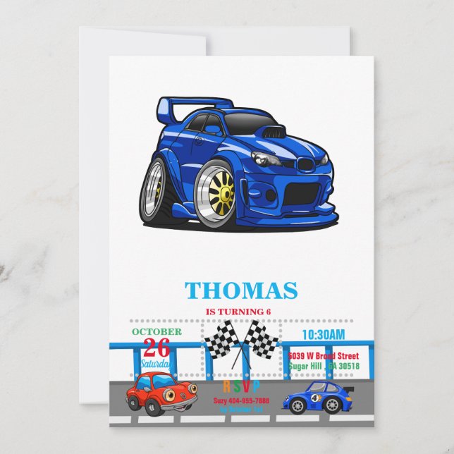 Blue muscle car speed cartoon - Choose back colour Invitation (Front)
