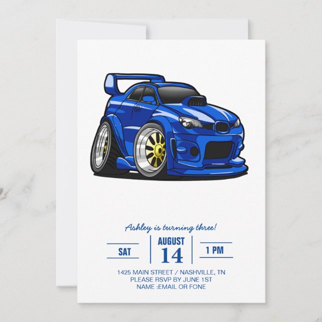 Blue muscle car speed cartoon - Choose back colour Invitation (Front)