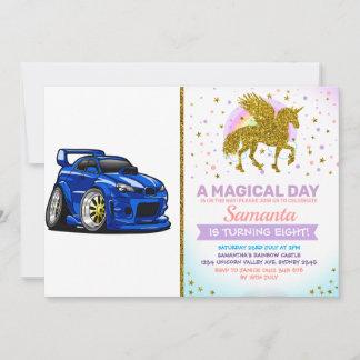 Blue muscle car speed cartoon - Choose back colour Invitation