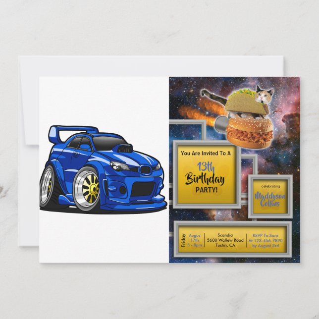 Blue muscle car speed cartoon - Choose back colour Invitation (Front)