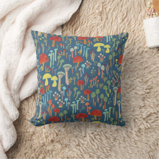 Blue mushroom forest throw pillow