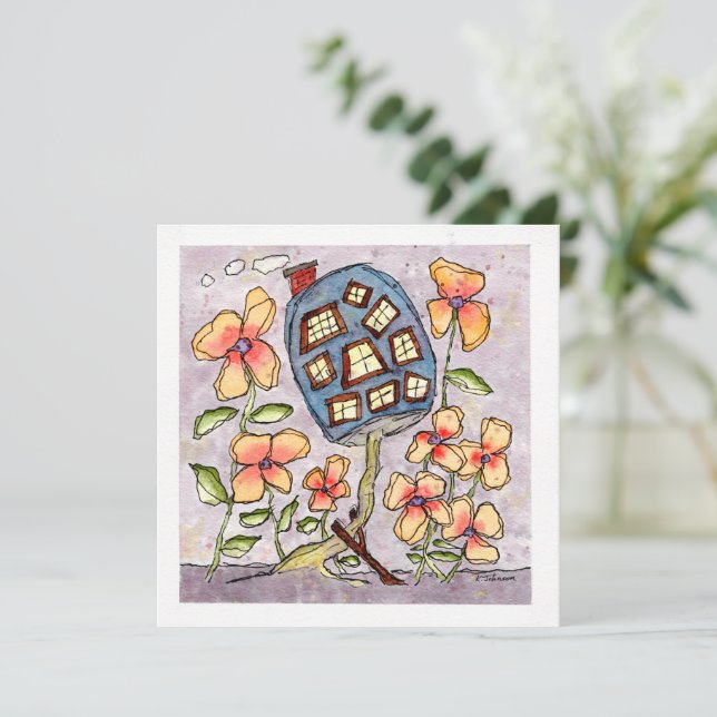 Blue Mushroom House Watercolor Greeting Card (Standing Front)