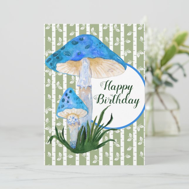 Blue Mushrooms on Aspen Birthday Flat Card (Standing Front)