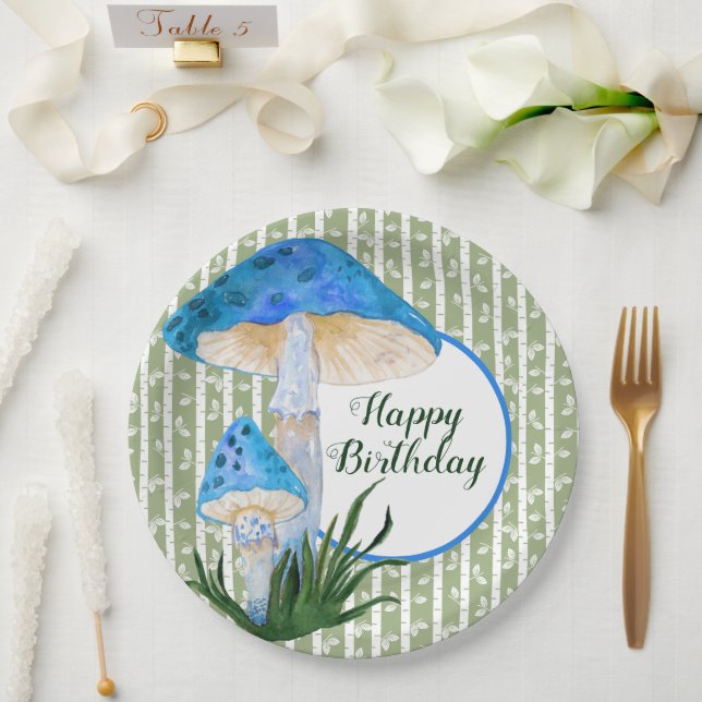 Blue Mushrooms on Aspen Birthday  Paper Plate (Wedding)