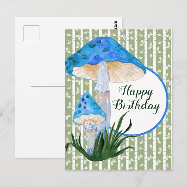 Blue Mushrooms on Aspen Birthday Postcard (Front/Back)