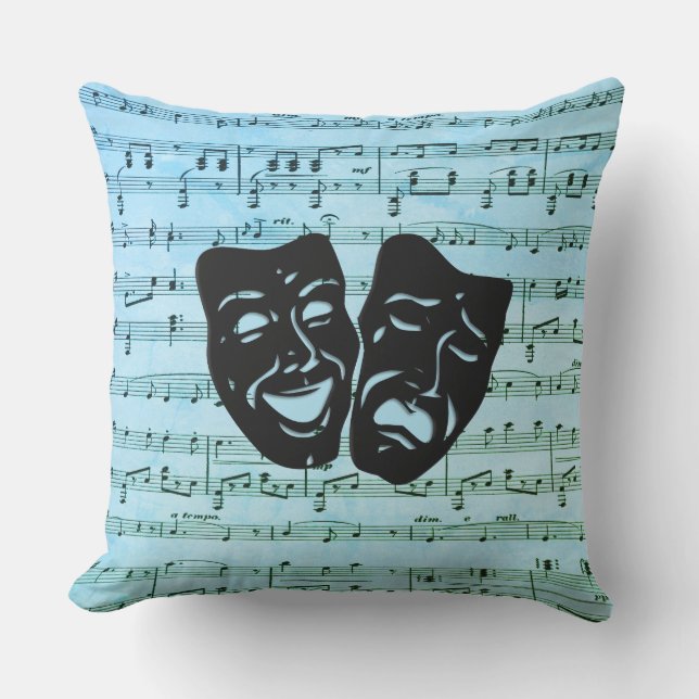 Blue Music Art Unites Theatre Masks  Outdoor Pillow (Front)