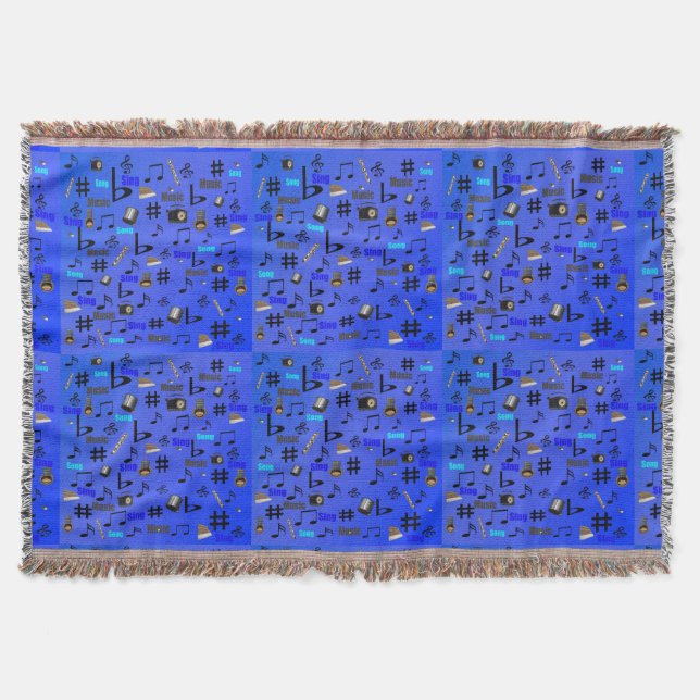 Blue Musical Instruments And Notes,  Throw Blanket (Front)