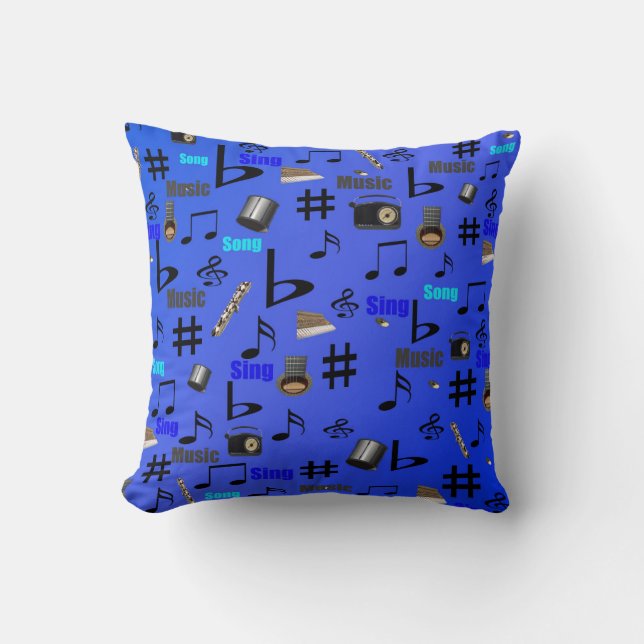 Blue Musical Notes And Instruments, Throw Pillow (Front)