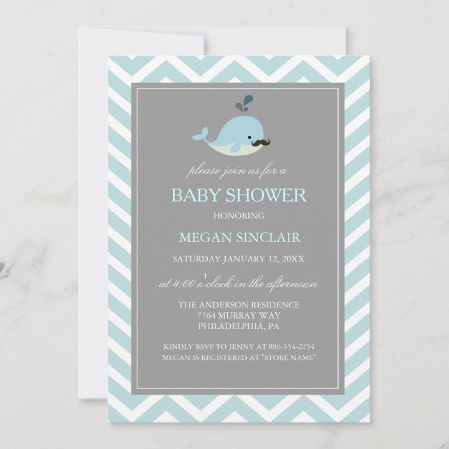 Blue Mustache Whale Boy Baby shower Invitation (Devant)