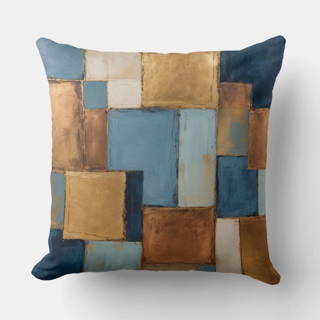 Blue, muted-copper, gold patchwork  throw pillow (Front)