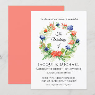 Blue n Coral Chrysanthemum Thistle Wreath Wedding Invitation