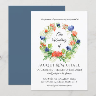 Blue n Orange Chrysanthemum Thistle Wreath Wedding Invitation