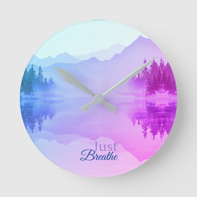Blue N Pink Mountains Forest Landscape Round Clock (Front)