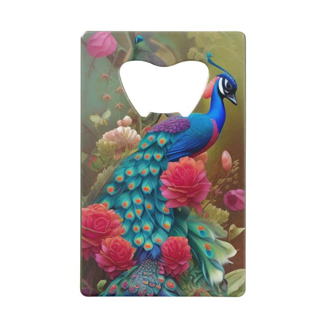 Blue N Teal Peacock in Pink Rose Garden  Zippo Lig Credit Card Bottle Opener (Front)