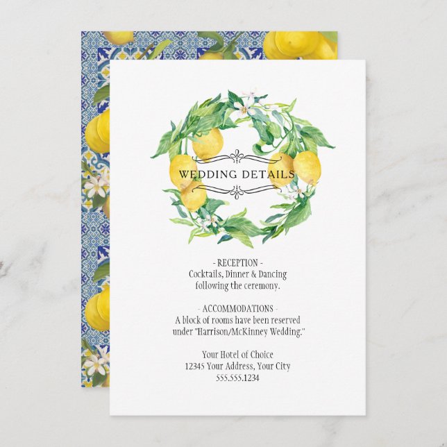 Blue n White Lemon Floral Foliage Wedding Details Invitation (Front/Back)