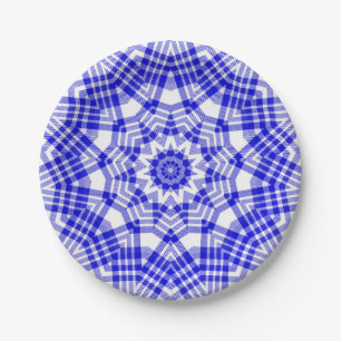 Blue n White Plaid Kaleidoscope Paper Plate