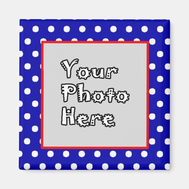 Blue n White Polka Dots Red Trim Photo Frame Magnet (Front)