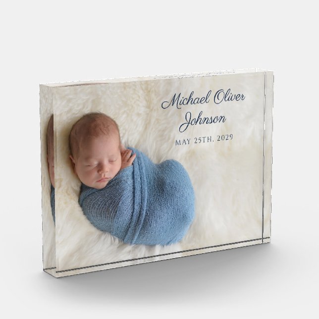 Blue Name Birth Date Script Baby Photo Block (Left)