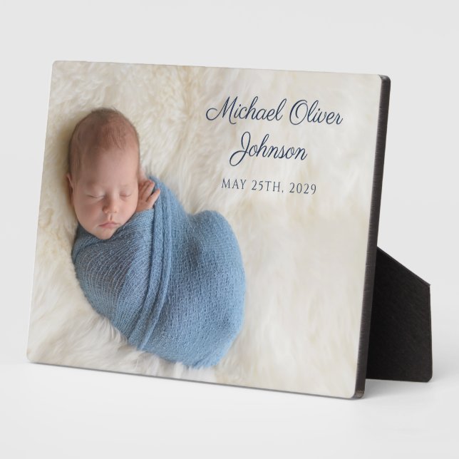 Blue Name Birth Date Script Baby Photo Plaque (Side)