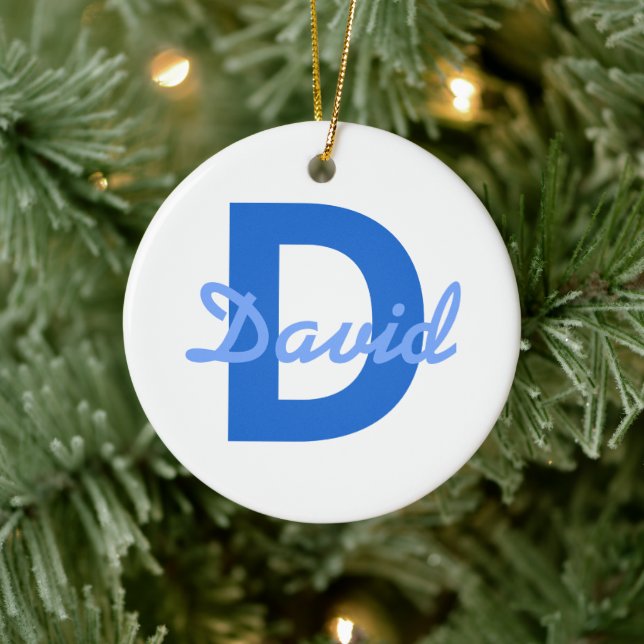 Blue Name & Monogram Sticker Ceramic Ornament (Tree)