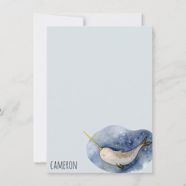 Blue Narwhal Modern Watercolor Ocean Personalized Card (Front)