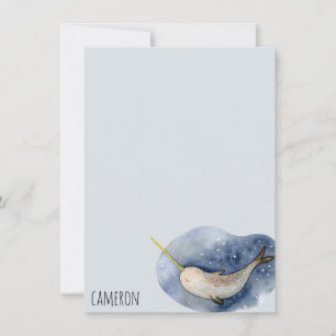 Blue Narwhal Modern Watercolor Ocean Personalized Card