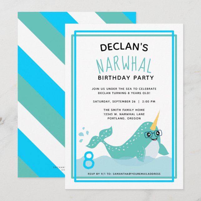 Blue Narwhal Under the Arctic Ocean Birthday Party Invitation (Front/Back)
