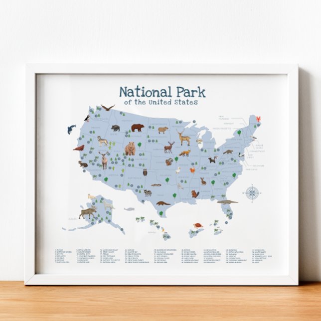 Blue National Park Map Woodland Nursery Print (Blue National Park Map Woodland Nursery Print)