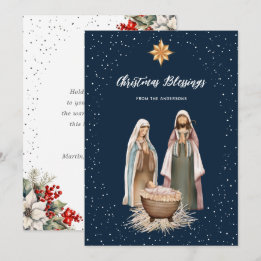 Blue Nativity Botanical Christian Christmas Card