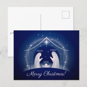 Blue Nativity Merry Christmas Holiday Postcard