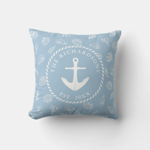 Blue Nautical Anchor Coastal Beach House Outdoor Pillow