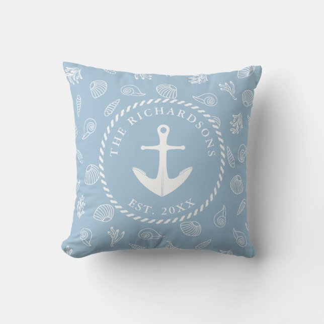Blue Nautical Anchor Coastal Beach House Outdoor Pillow (Front)