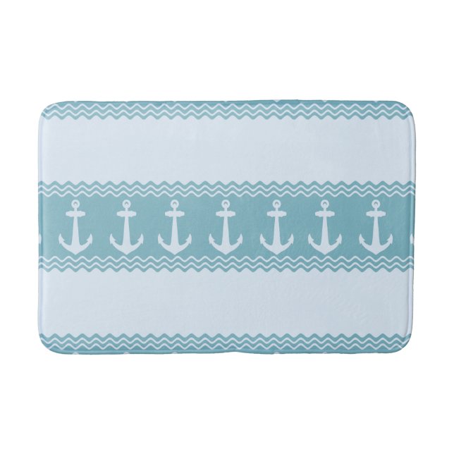 Blue Nautical Anchor Coastal Stripes Bath Mat (Front)