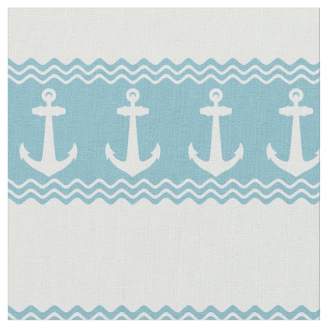 Blue Nautical Anchor Coastal Stripes Fabric (Close Up)