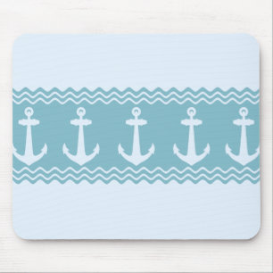 Blue Nautical Anchor Coastal Stripes Mouse Pad