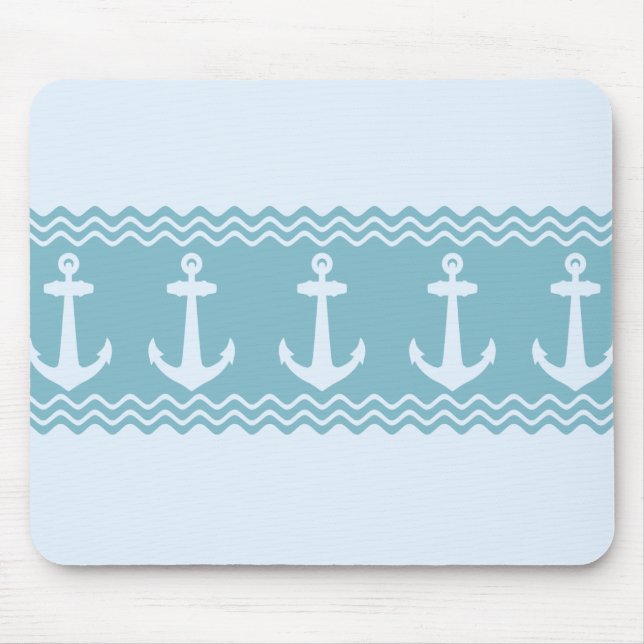 Blue Nautical Anchor Coastal Stripes Mouse Pad (Front)