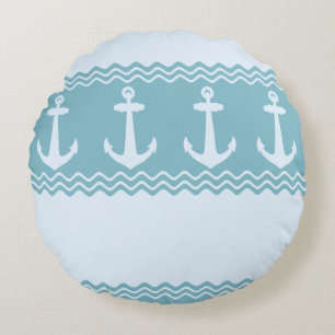 Blue Nautical Anchor Coastal Stripes Round Pillow