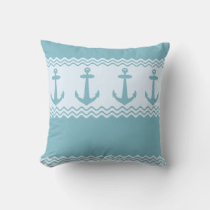 Blue Nautical Anchor Coastal Stripes Throw Pillow