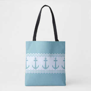 Blue Nautical Anchor Coastal Stripes Tote Bag