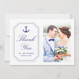 Blue Nautical Anchor on White Photo Wedding Thank You Card