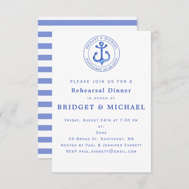 Blue Nautical Anchor Rehearsal Dinner Invitation (Front/Back)