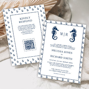 Blue Nautical Anchor Seahorse QR Code Wedding Invitation