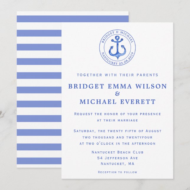 Blue Nautical Anchor Wedding Invitation (Front/Back)