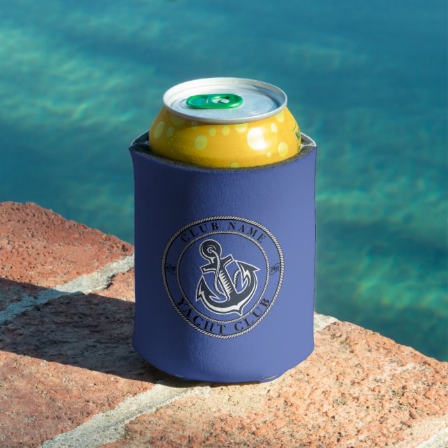 Blue Nautical Anchor yacht club boat marina Name Can Cooler (In Situ Pool)